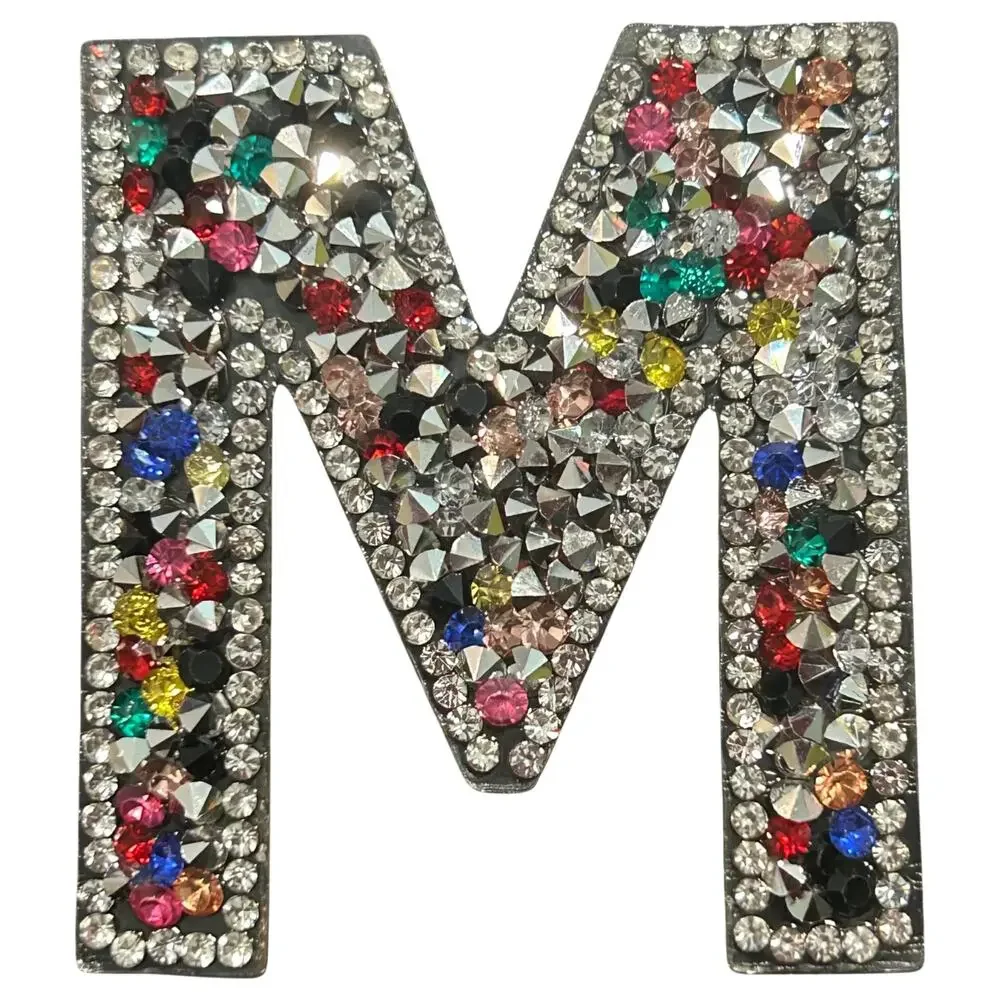 Letter M Multicolor Rhinestone Iron On Patch